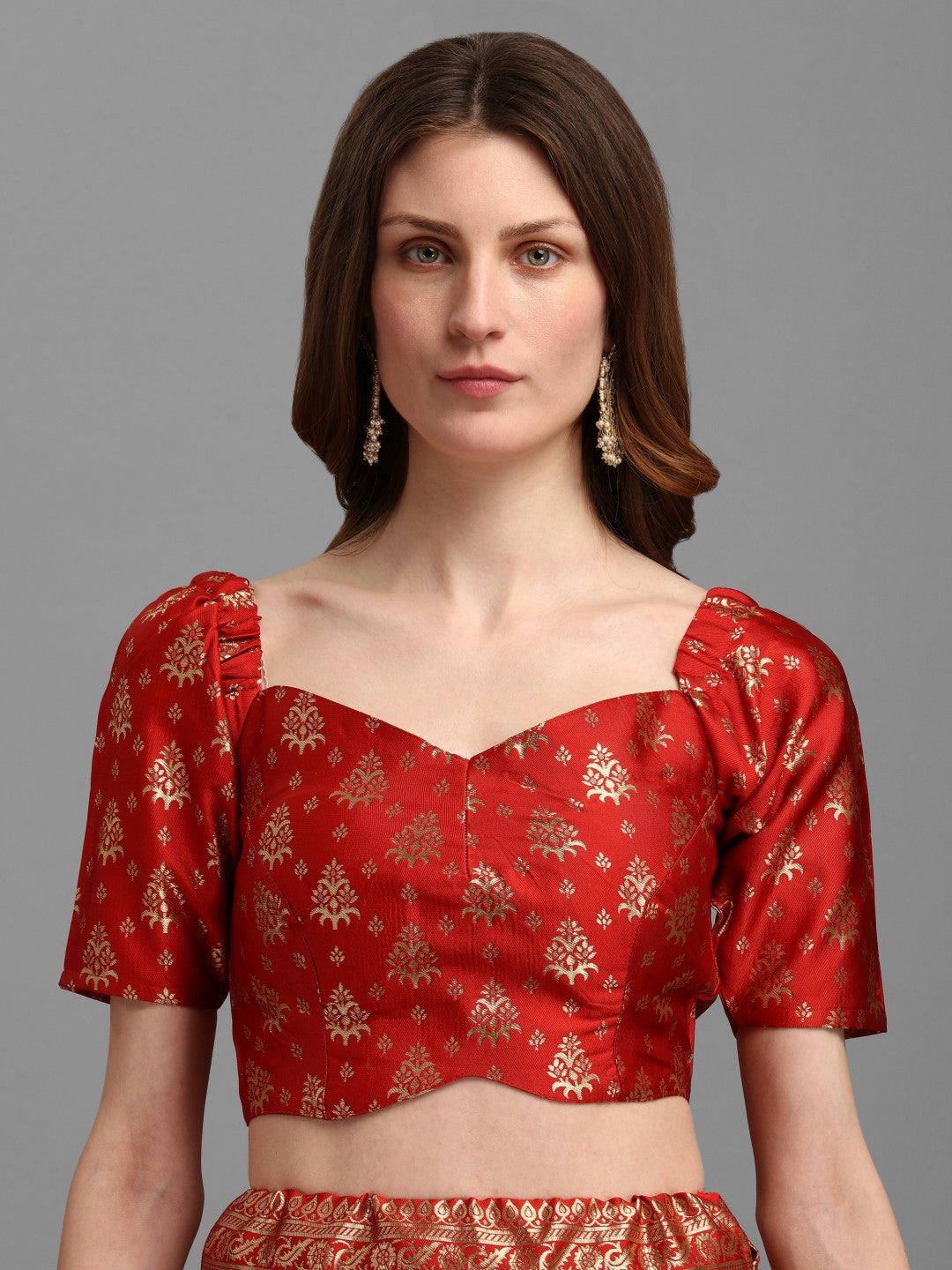 Lorenvalley Fashion Red Brocade Fabric Lehenga & Unstitched Blouse With Dupatta | Swadesiicart