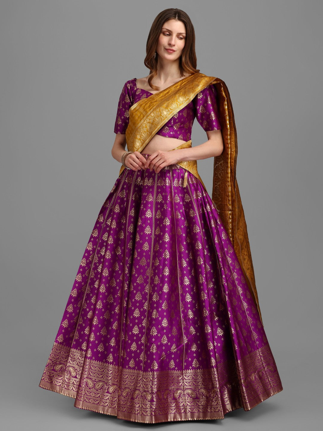 Lorenvalley Fashion Purple Brocade Fabric Lehenga & Unstitched Blouse With Dupatta | Swadesiicart