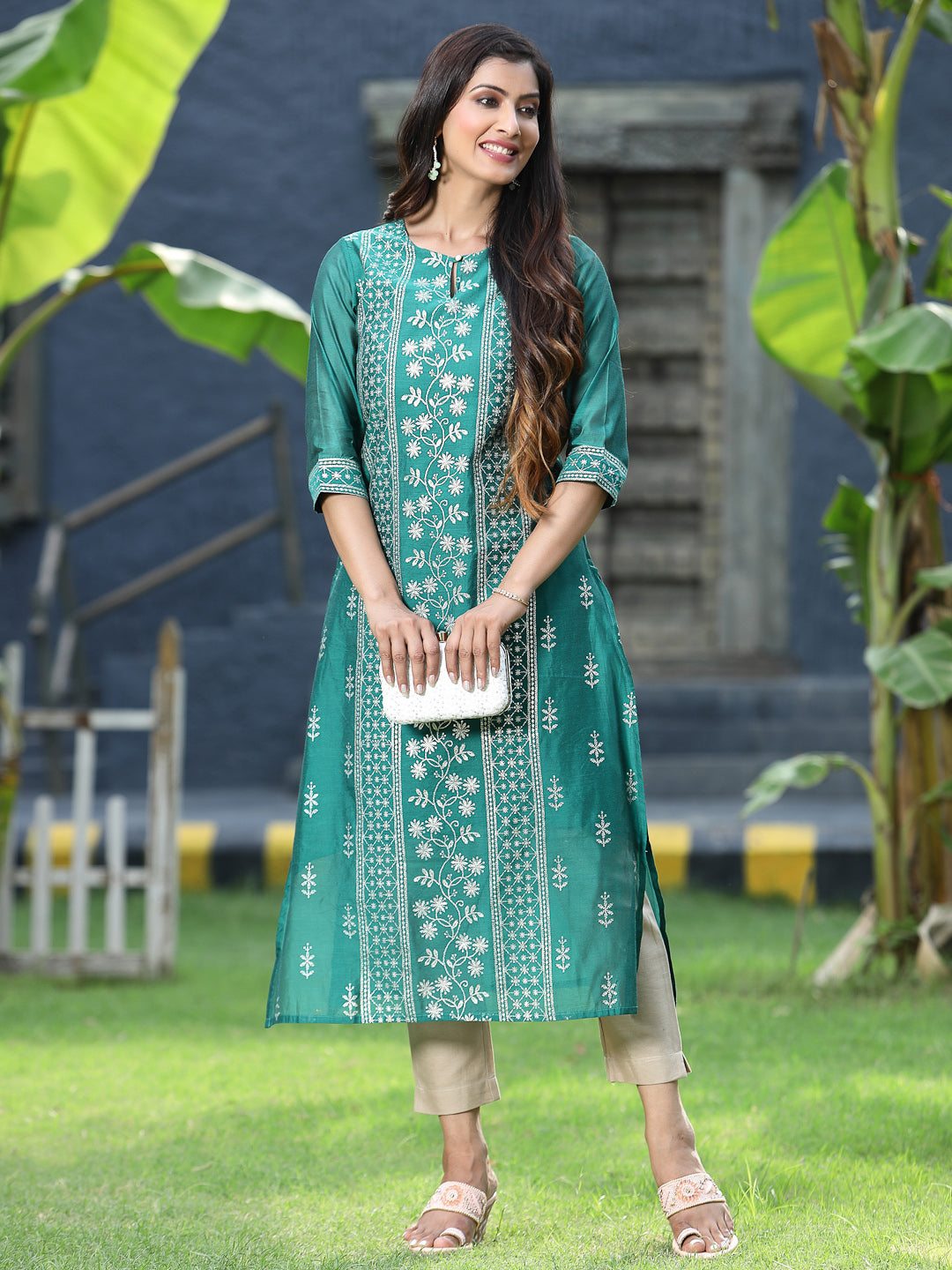 Juniper Womens Ramagreen Modal Chanderi Foil Printed Straight Kurta | Swadesiicart