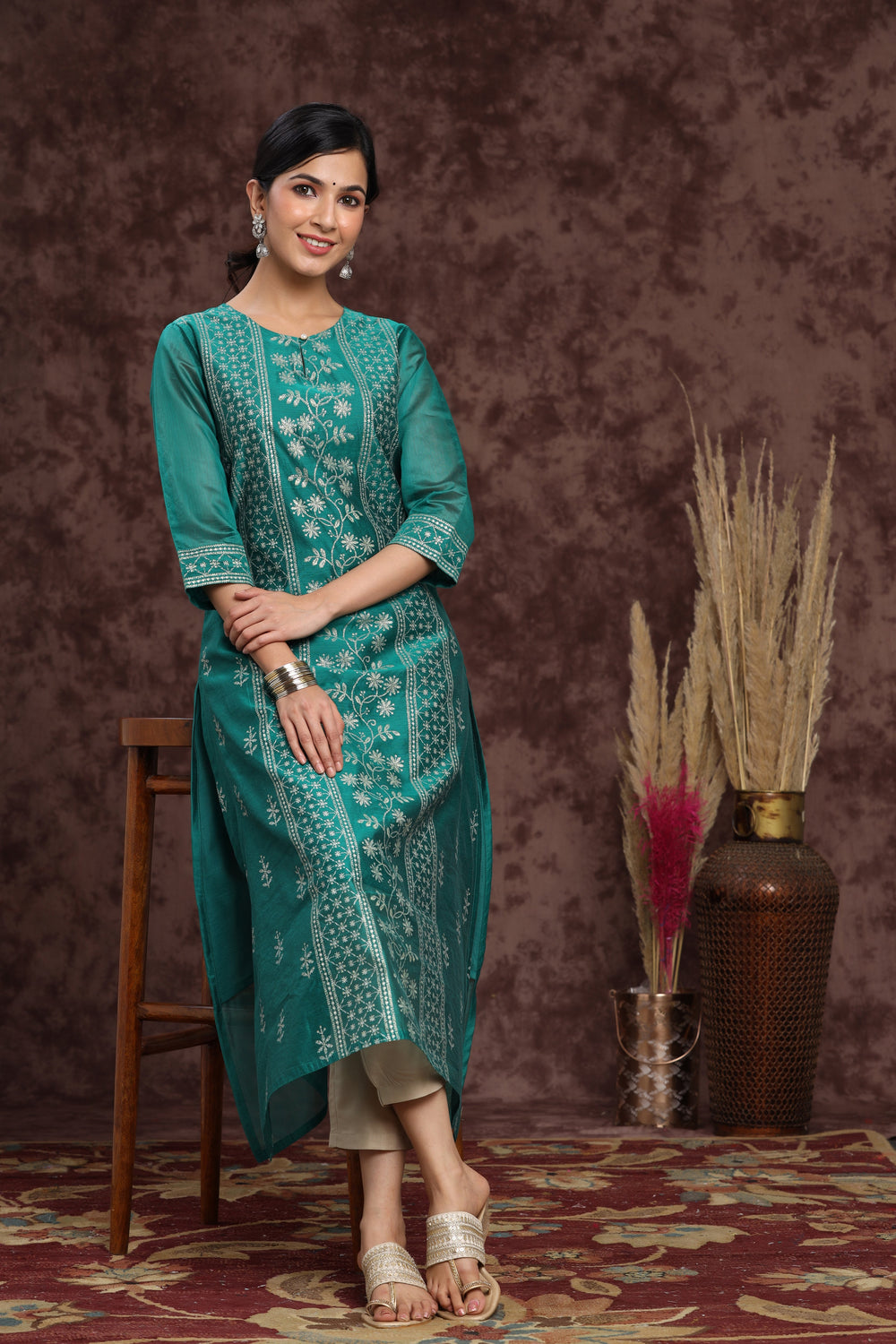 Juniper Women's Ramagreen Modal Chanderi Printed Straight Kurta | Swadesiicart