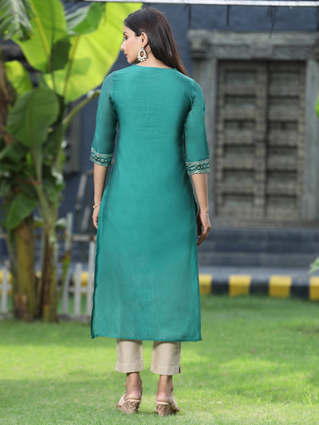 Juniper Womens Ramagreen Modal Chanderi Foil Printed Straight Kurta | Swadesiicart