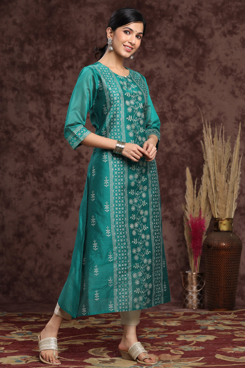 Juniper Women's Ramagreen Modal Chanderi Printed Straight Kurta | Swadesiicart