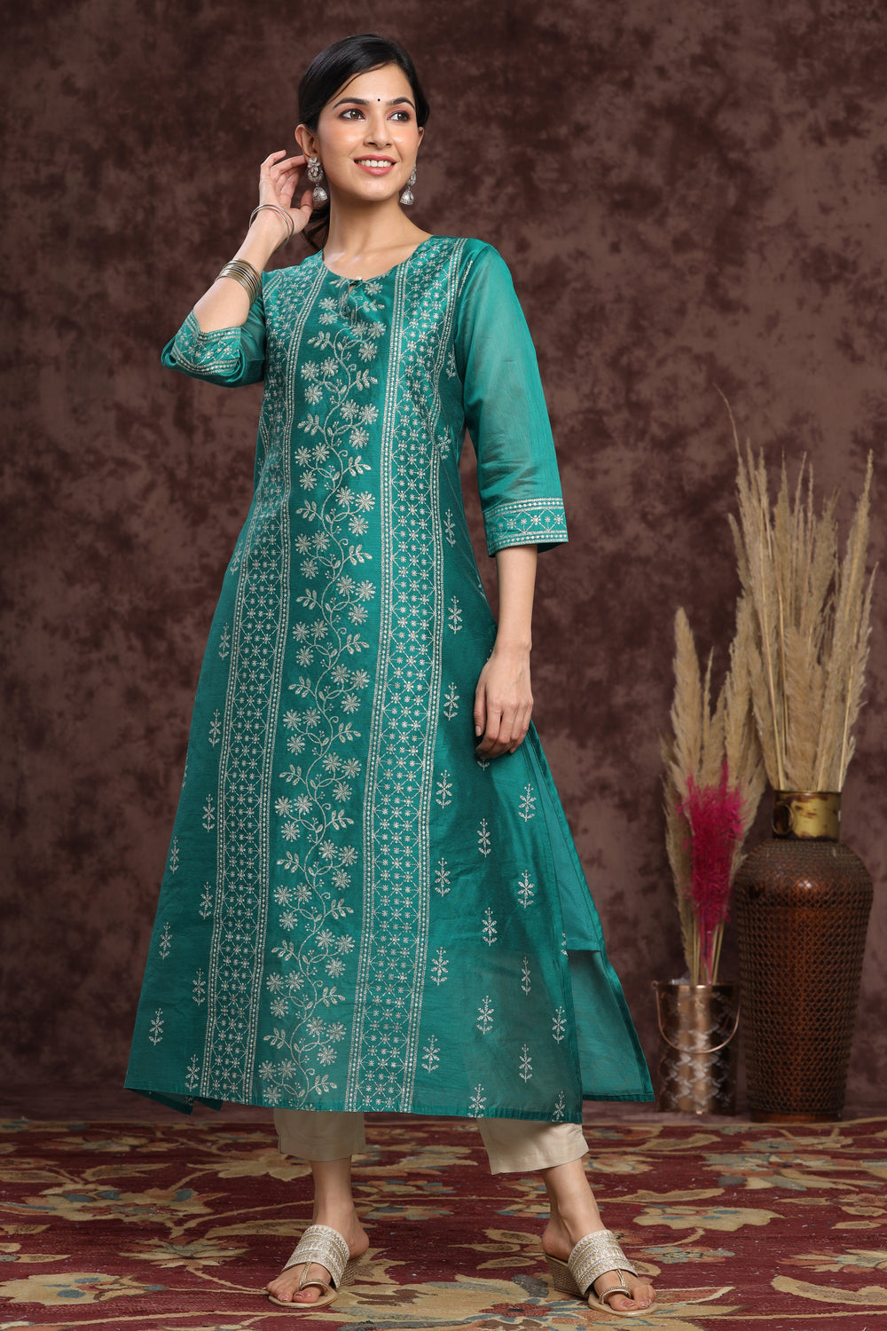 Juniper Women's Ramagreen Modal Chanderi Printed Straight Kurta | Swadesiicart