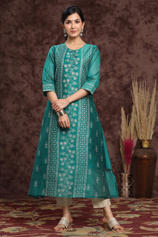 Juniper Women's Ramagreen Modal Chanderi Printed Straight Kurta | Swadesiicart