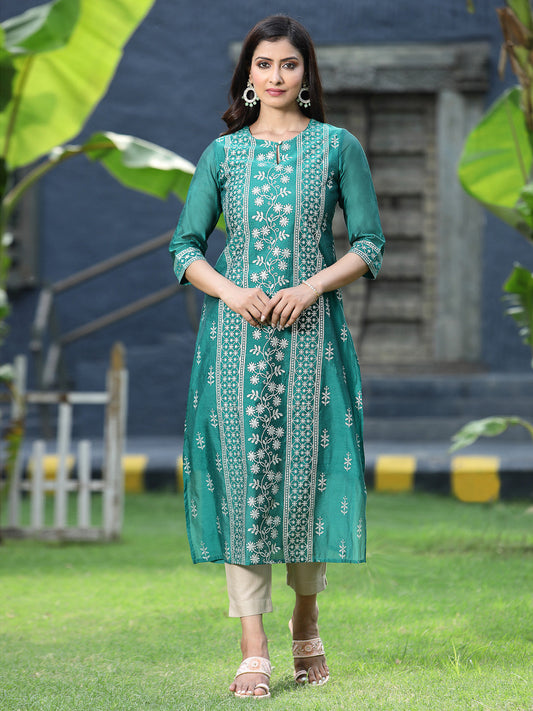 Juniper Womens Ramagreen Modal Chanderi Foil Printed Straight Kurta | Swadesiicart