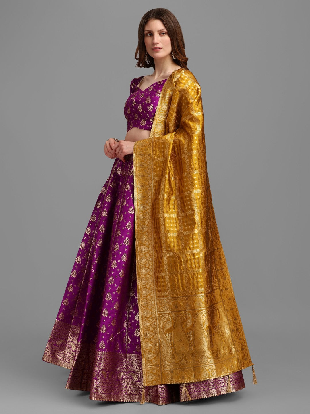 Lorenvalley Fashion Purple Brocade Fabric Lehenga & Unstitched Blouse With Dupatta | Swadesiicart