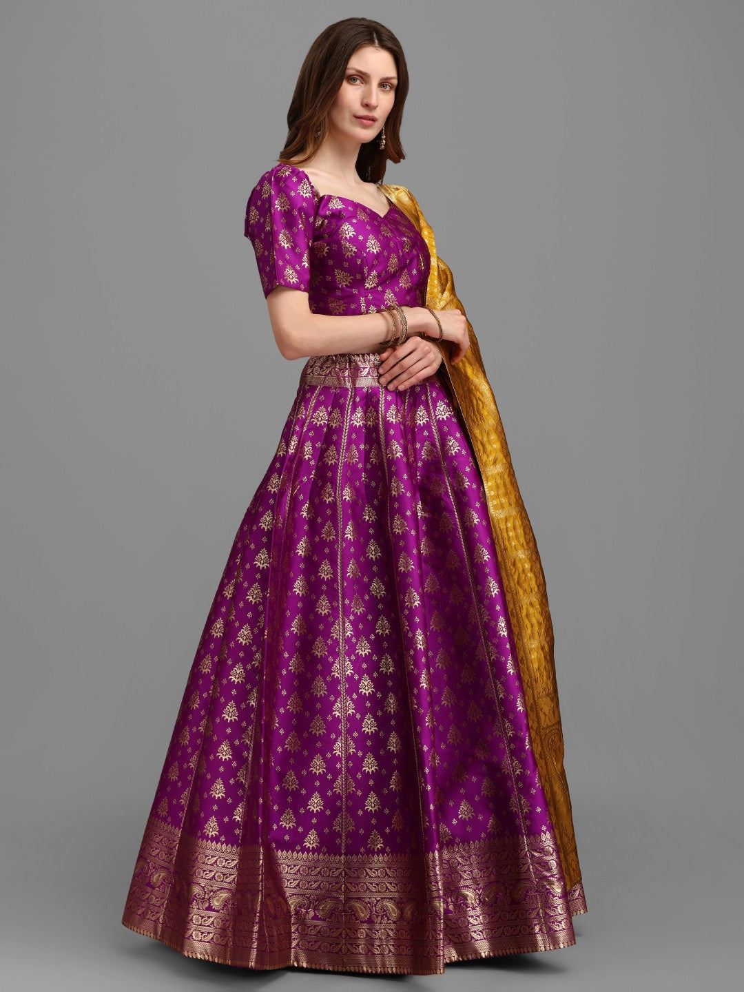 Lorenvalley Fashion Purple Brocade Fabric Lehenga & Unstitched Blouse With Dupatta | Swadesiicart