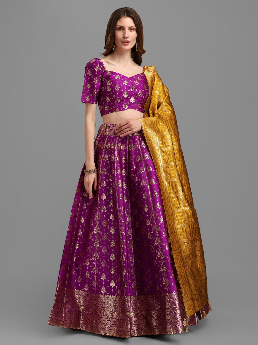 Lorenvalley Fashion Purple Brocade Fabric Lehenga & Unstitched Blouse With Dupatta | Swadesiicart
