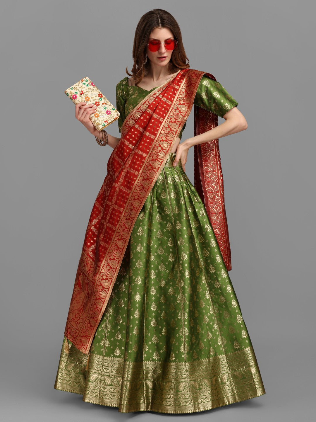 Lorenvalley Fashion Mahendi Brocade Fabric Lehenga & Unstitched Blouse With Dupatta | Swadesiicart