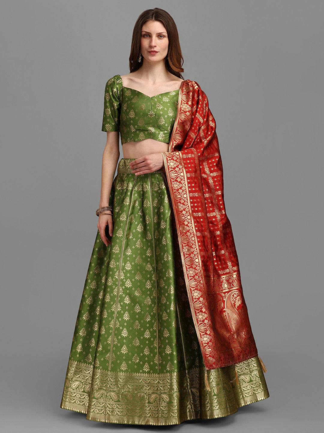 Lorenvalley Fashion Mahendi Brocade Fabric Lehenga & Unstitched Blouse With Dupatta | Swadesiicart