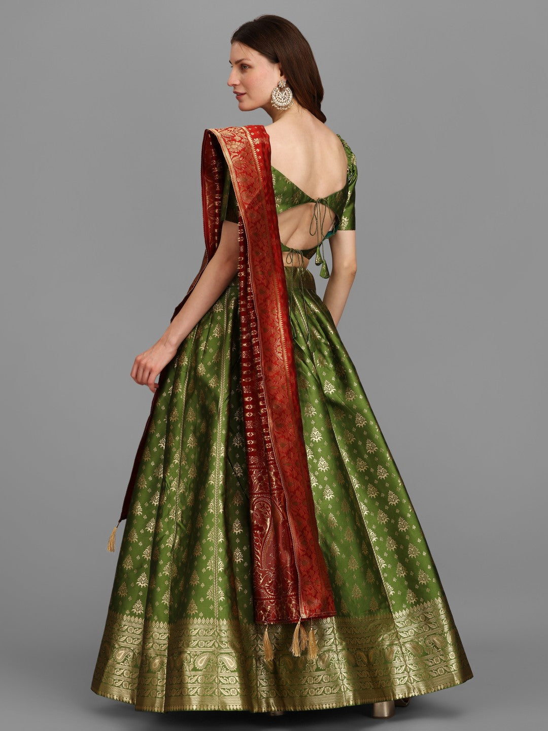 Lorenvalley Fashion Mahendi Brocade Fabric Lehenga & Unstitched Blouse With Dupatta | Swadesiicart