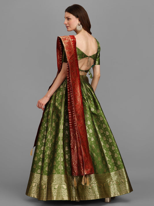 Lorenvalley Fashion Mahendi Brocade Fabric Lehenga & Unstitched Blouse With Dupatta | Swadesiicart