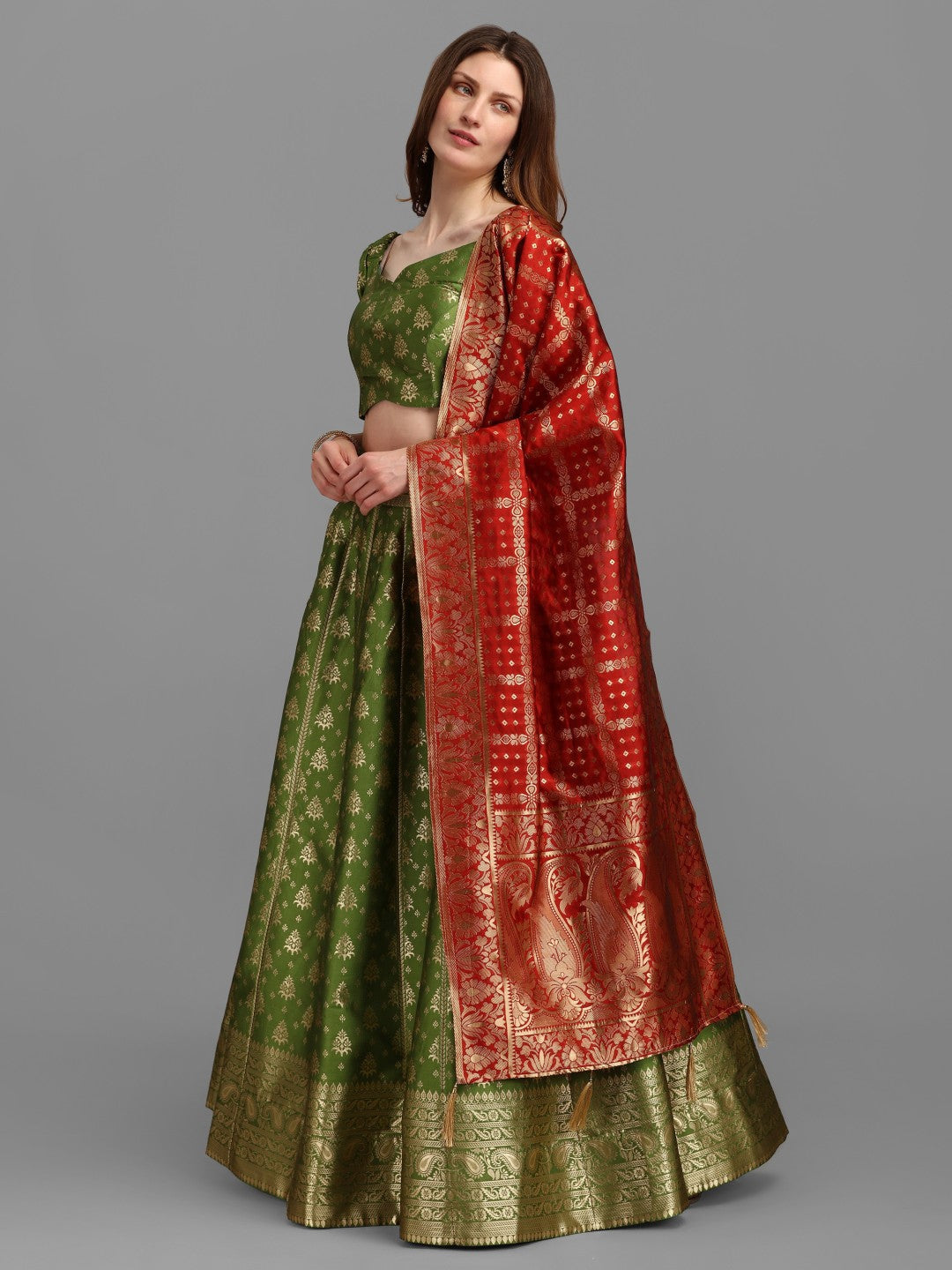 Lorenvalley Fashion Mahendi Brocade Fabric Lehenga & Unstitched Blouse With Dupatta | Swadesiicart
