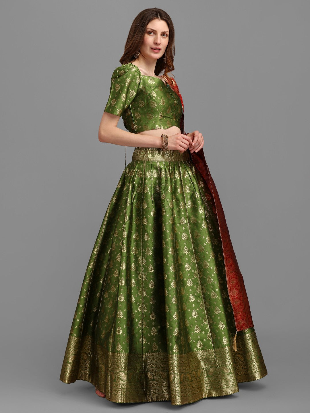 Lorenvalley Fashion Mahendi Brocade Fabric Lehenga & Unstitched Blouse With Dupatta | Swadesiicart