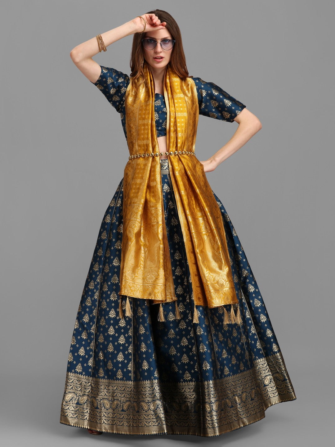 Lorenvalley Fashion Rama Brocade Fabric Lehenga & Unstitched Blouse With Dupatta | Swadesiicart