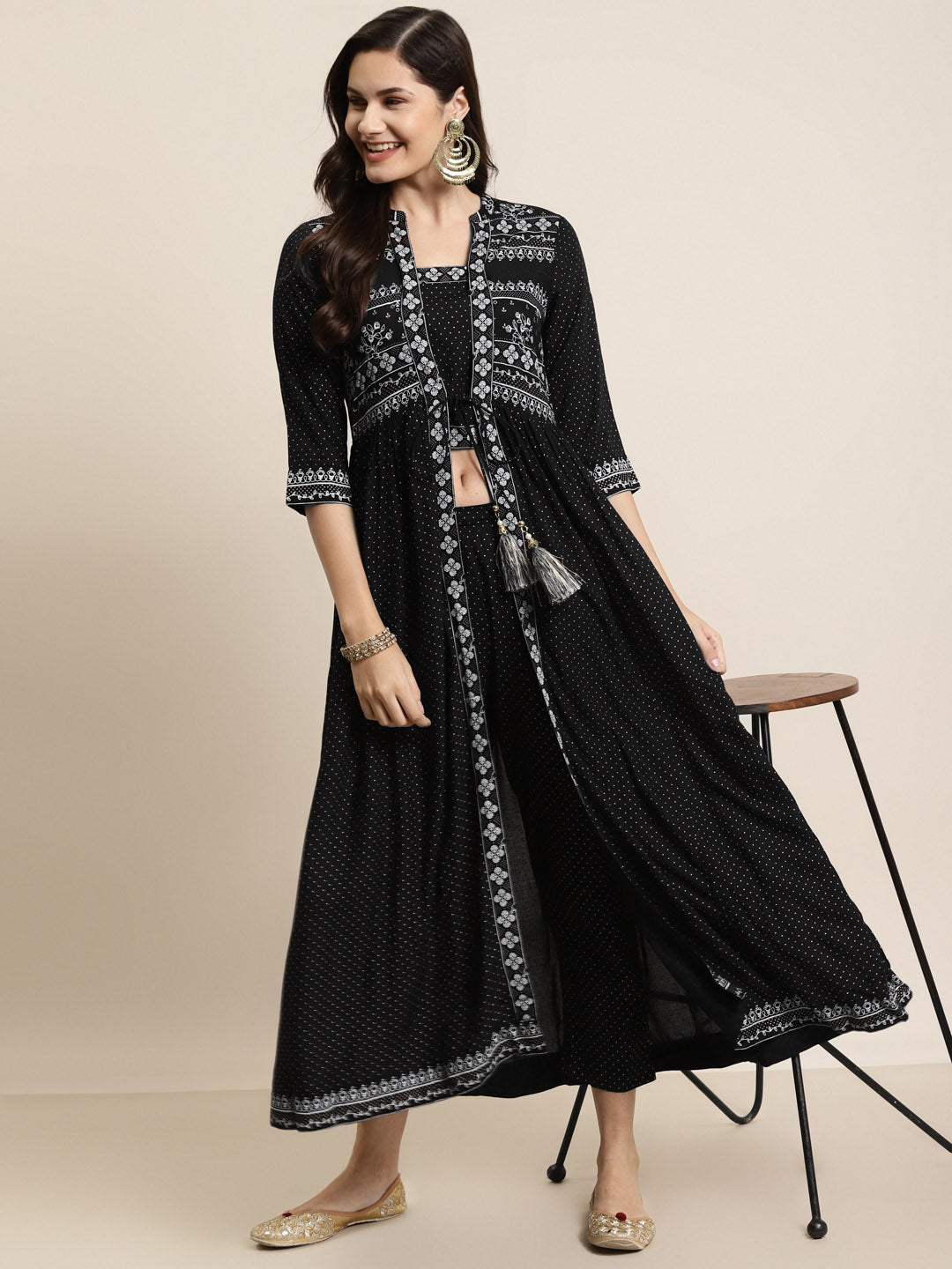 Juniper Women Black Rayon Printed Jacket Style Kurta Sets | Swadesiicart