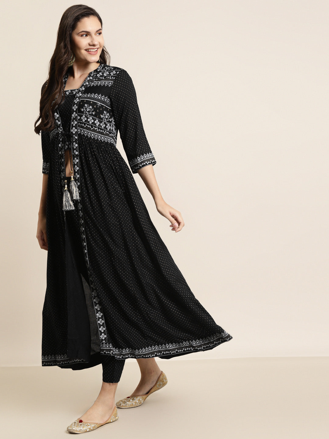 Juniper Women Black Rayon Printed Jacket Style Kurta Sets | Swadesiicart