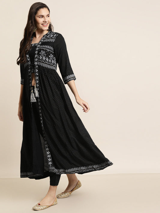 Juniper Women Black Rayon Printed Jacket Style Kurta Sets | Swadesiicart