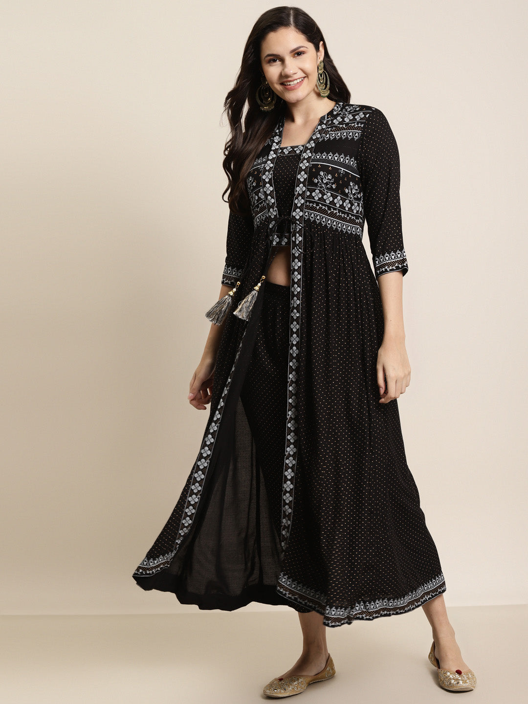 Juniper Women Black Rayon Printed Jacket Style Kurta Sets | Swadesiicart