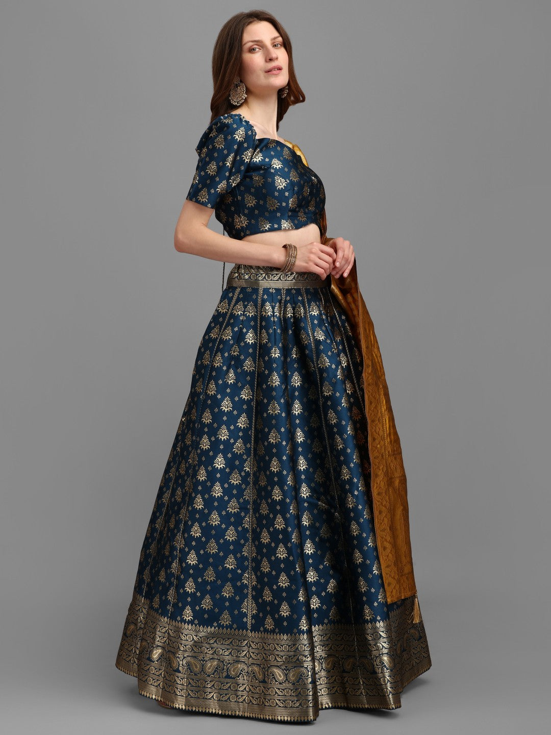 Lorenvalley Fashion Rama Brocade Fabric Lehenga & Unstitched Blouse With Dupatta | Swadesiicart