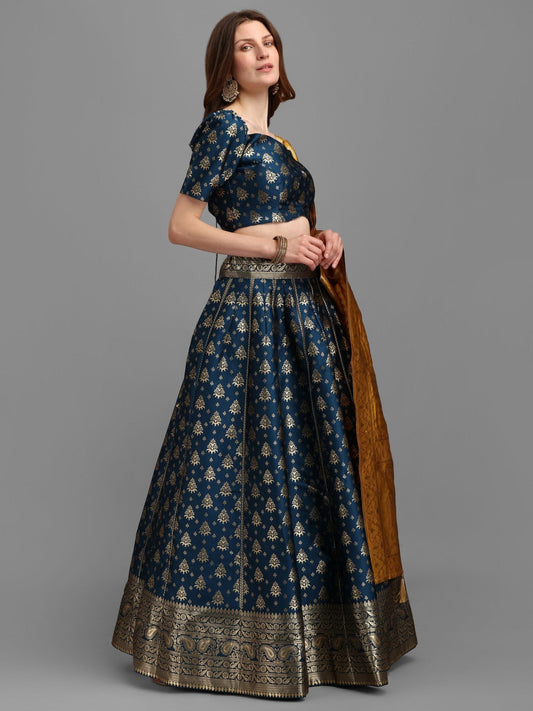 Lorenvalley Fashion Rama Brocade Fabric Lehenga & Unstitched Blouse With Dupatta | Swadesiicart