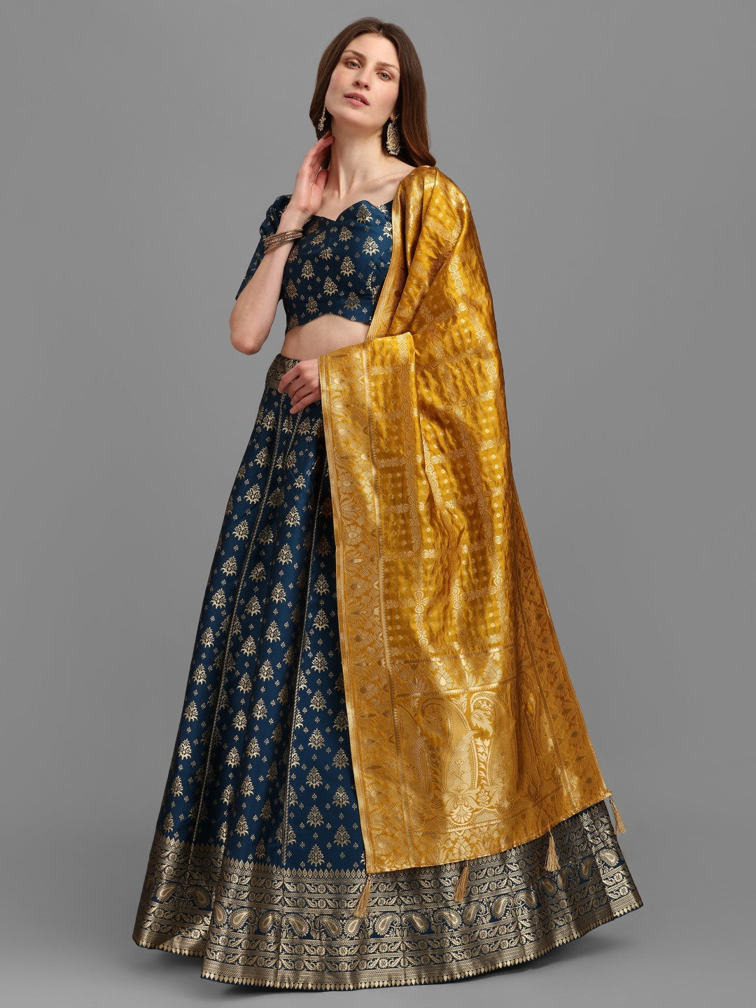 Lorenvalley Fashion Rama Brocade Fabric Lehenga & Unstitched Blouse With Dupatta | Swadesiicart