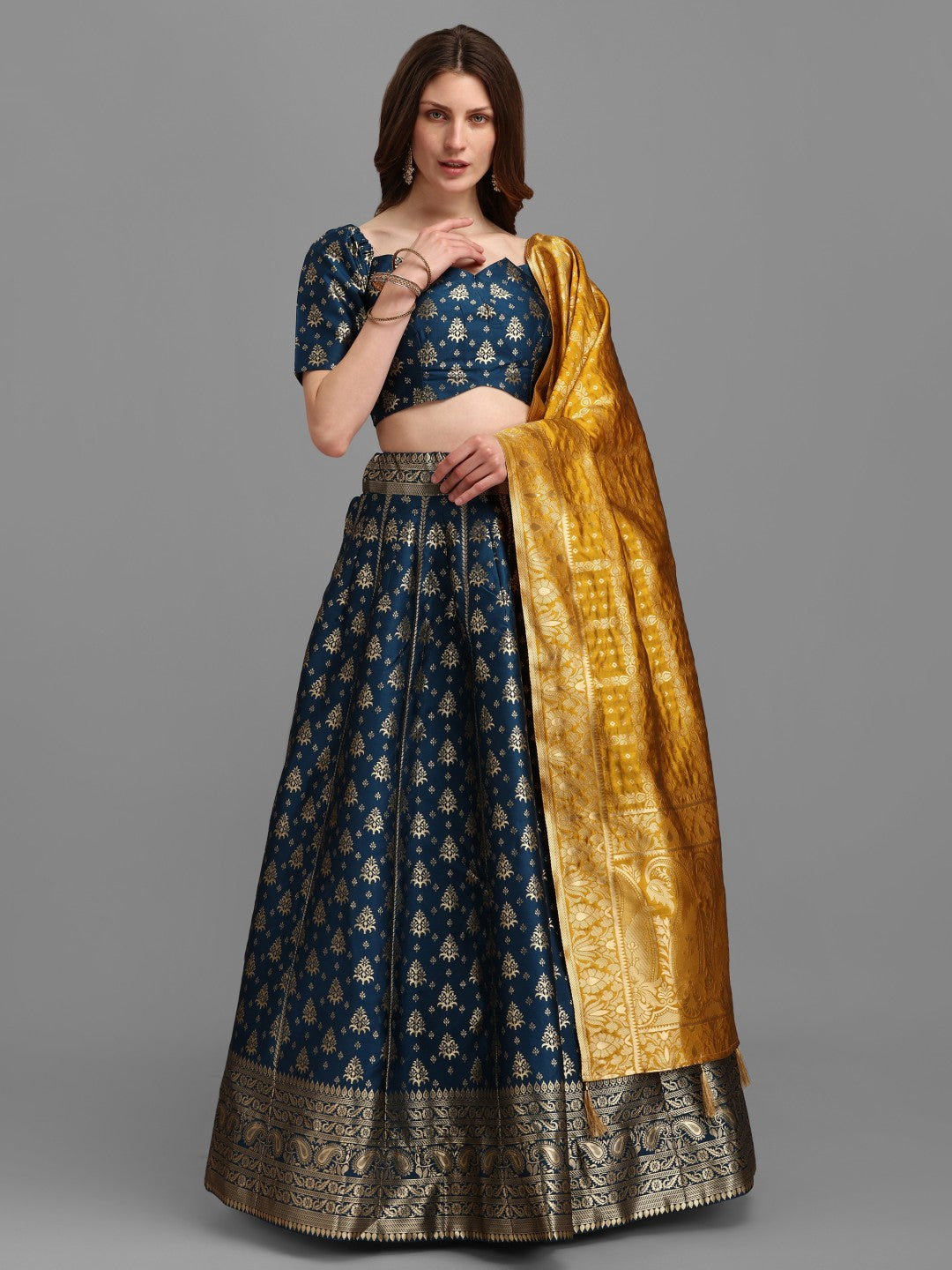 Lorenvalley Fashion Rama Brocade Fabric Lehenga & Unstitched Blouse With Dupatta | Swadesiicart