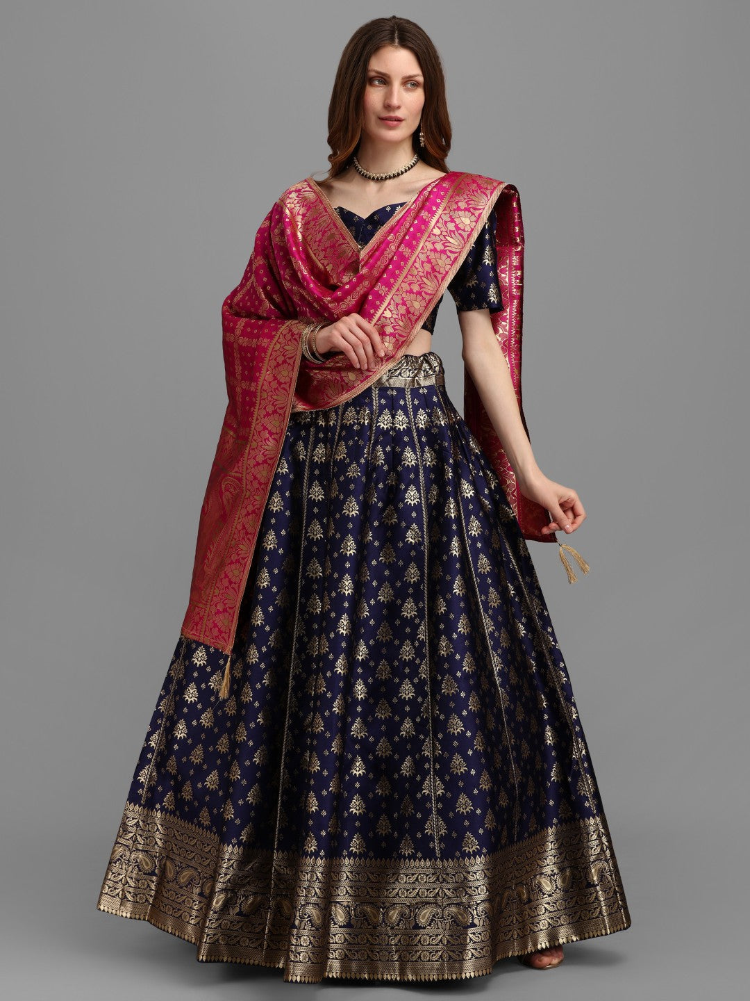 Lorenvalley Fashion Blue Brocade Fabric Lehenga & Unstitched Blouse With Dupatta | Swadesiicart