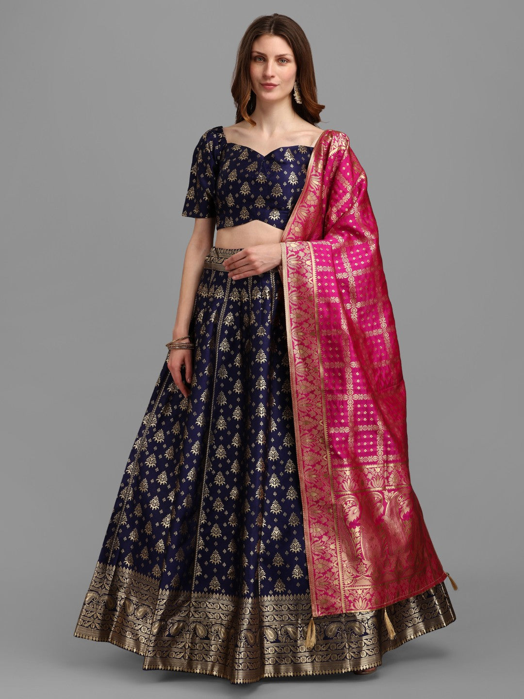 Lorenvalley Fashion Blue Brocade Fabric Lehenga & Unstitched Blouse With Dupatta | Swadesiicart
