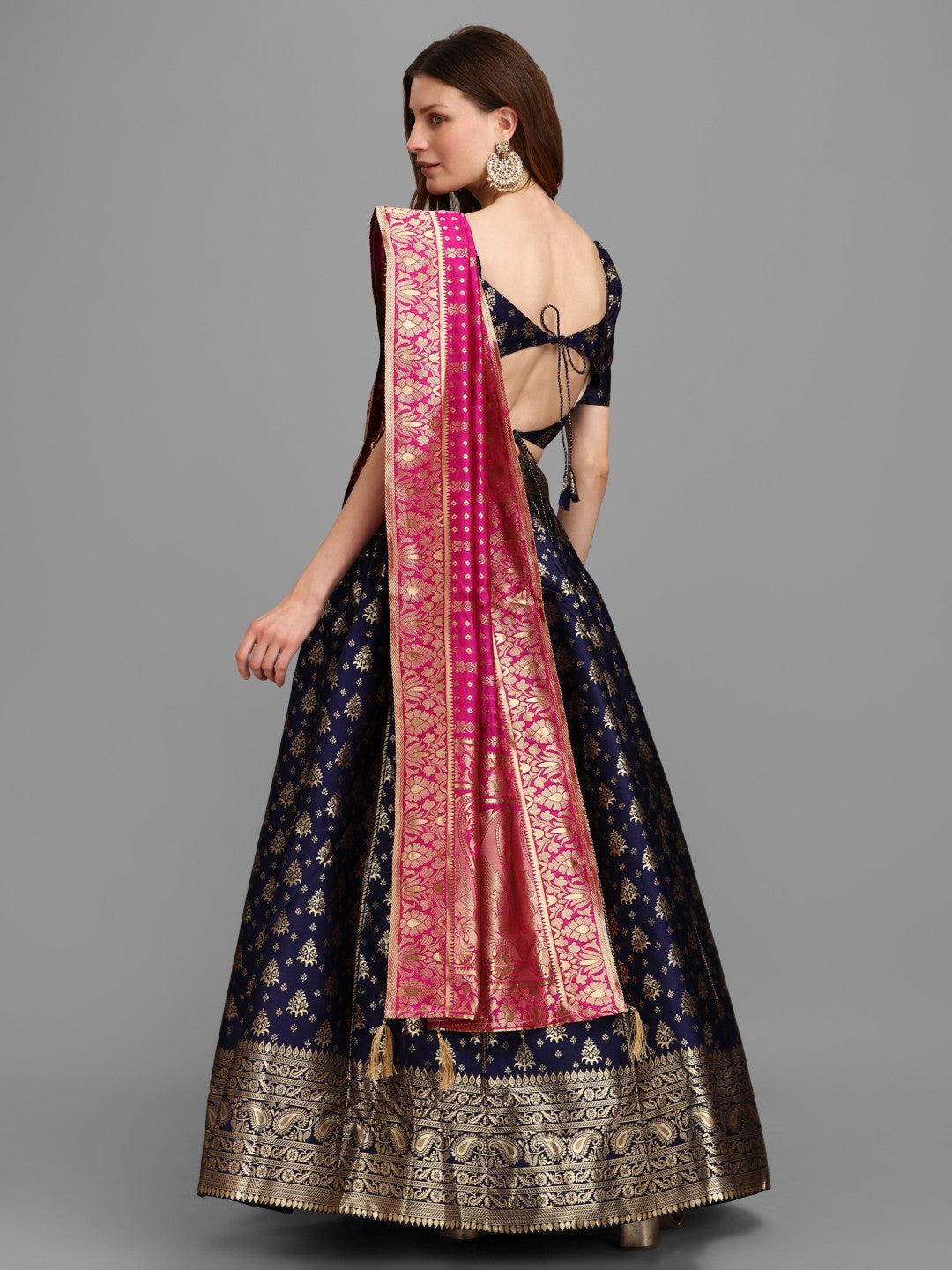 Lorenvalley Fashion Blue Brocade Fabric Lehenga & Unstitched Blouse With Dupatta | Swadesiicart