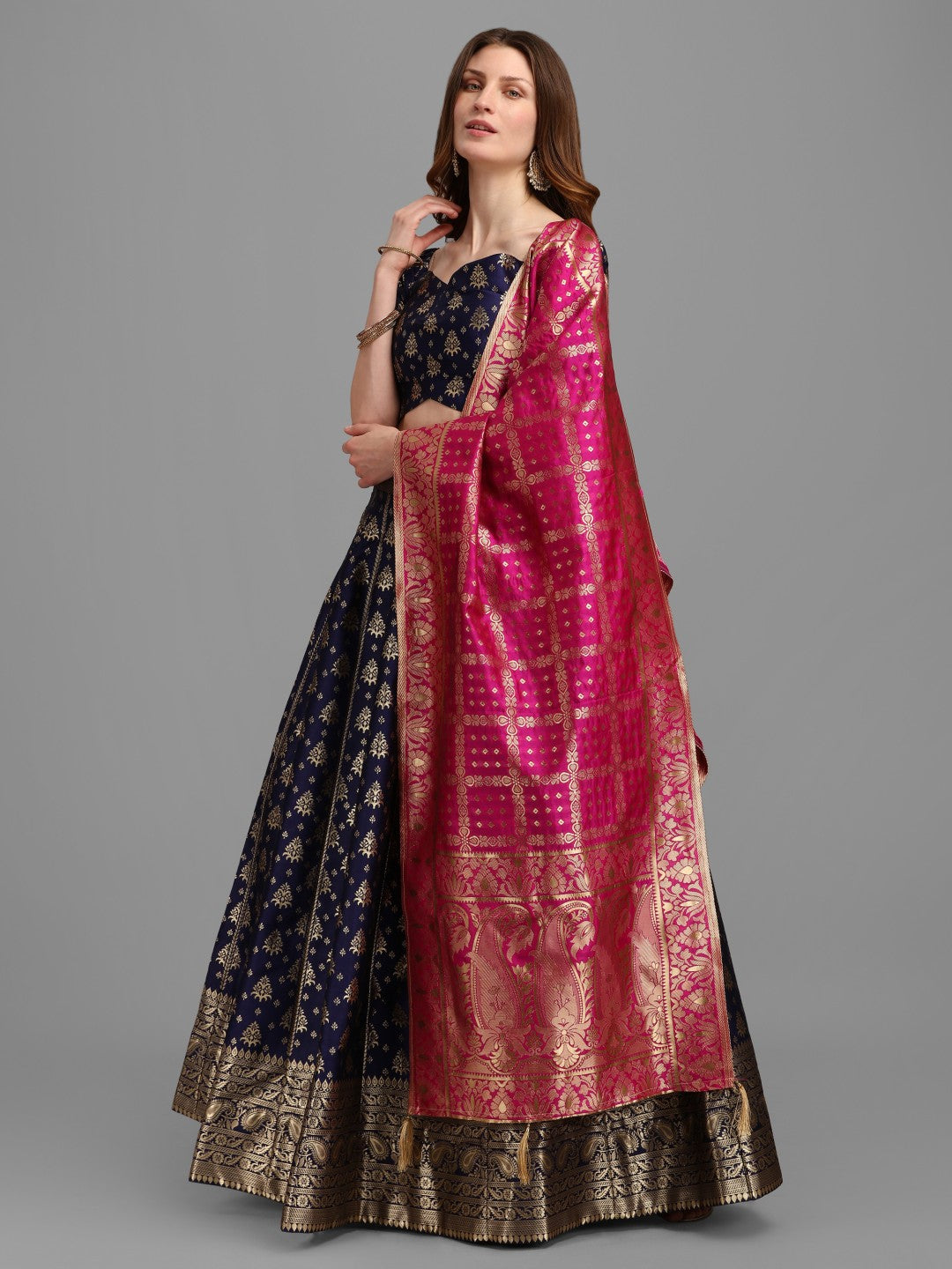 Lorenvalley Fashion Blue Brocade Fabric Lehenga & Unstitched Blouse With Dupatta | Swadesiicart