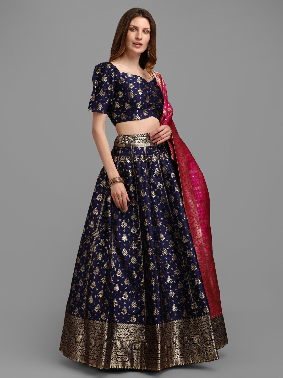 Lorenvalley Fashion Blue Brocade Fabric Lehenga & Unstitched Blouse With Dupatta | Swadesiicart