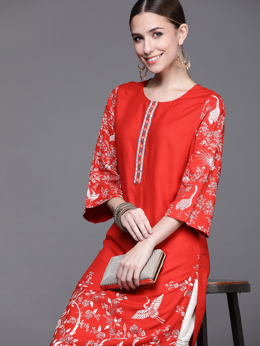 Biba Women Red Floral Printed Extended Sleeves Kurta - Swadesiicart