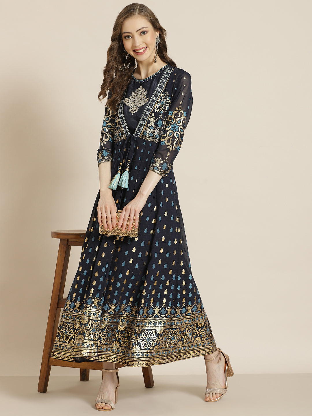 Juniper Women Navyblue Georgette Printed Jacket Style Dress | Swadesiicart