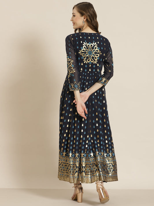 Juniper Women Navyblue Georgette Printed Jacket Style Dress | Swadesiicart