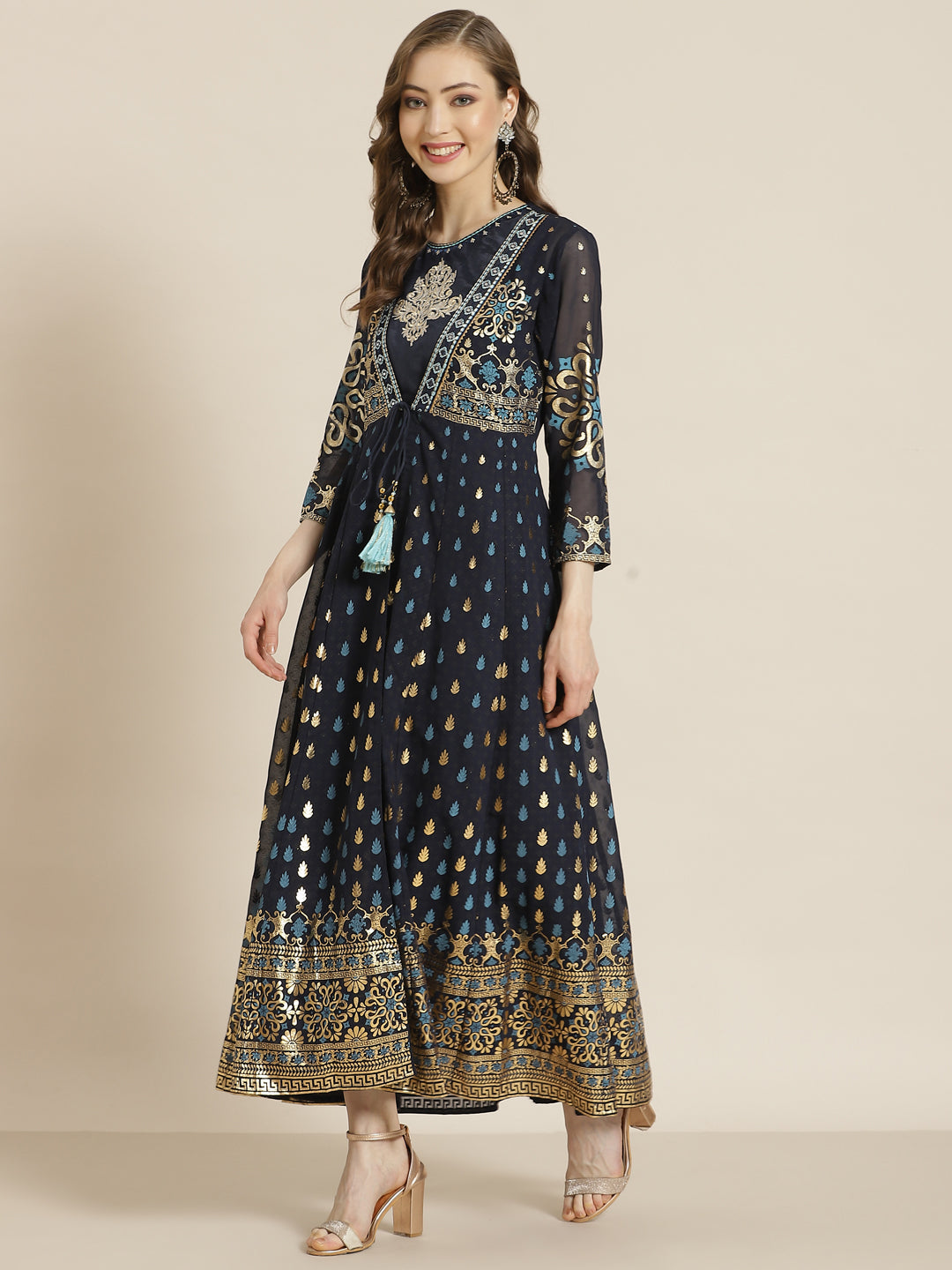 Juniper Women Navyblue Georgette Printed Jacket Style Dress | Swadesiicart