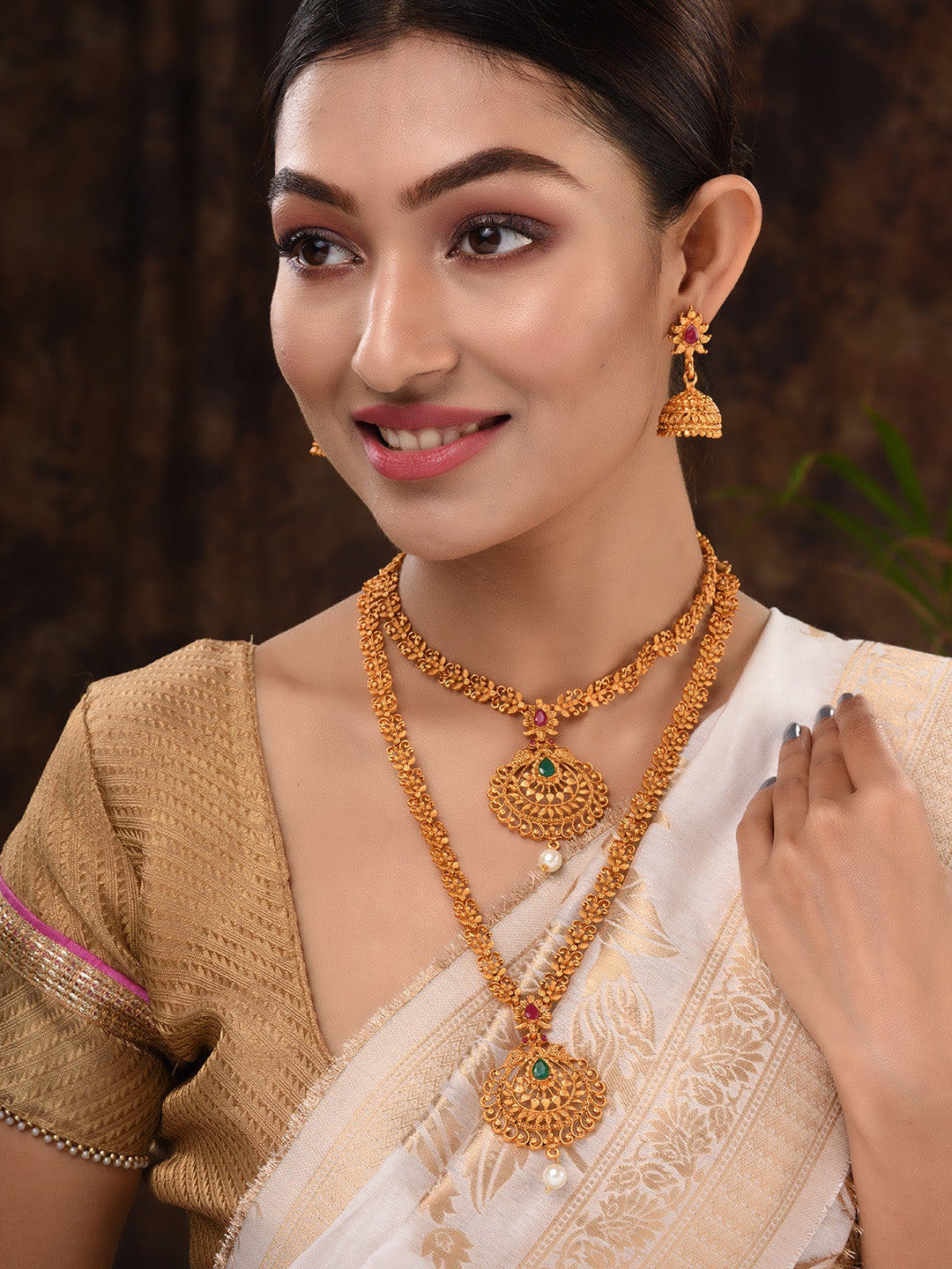 Saraf RS Jewellery Gold-Polished South Indian Imitation Bridal Temple Jewellery Set - Swadesiicart