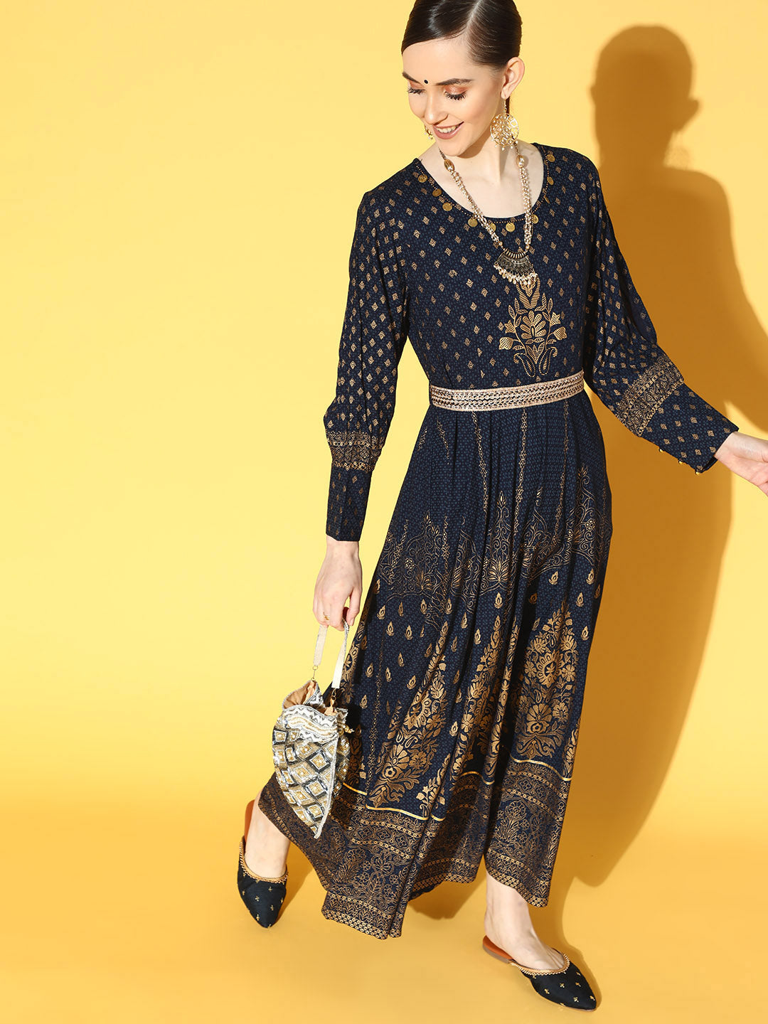 Juniper Women Navyblue Rayon Printed Flared Dress | Swadesiicart
