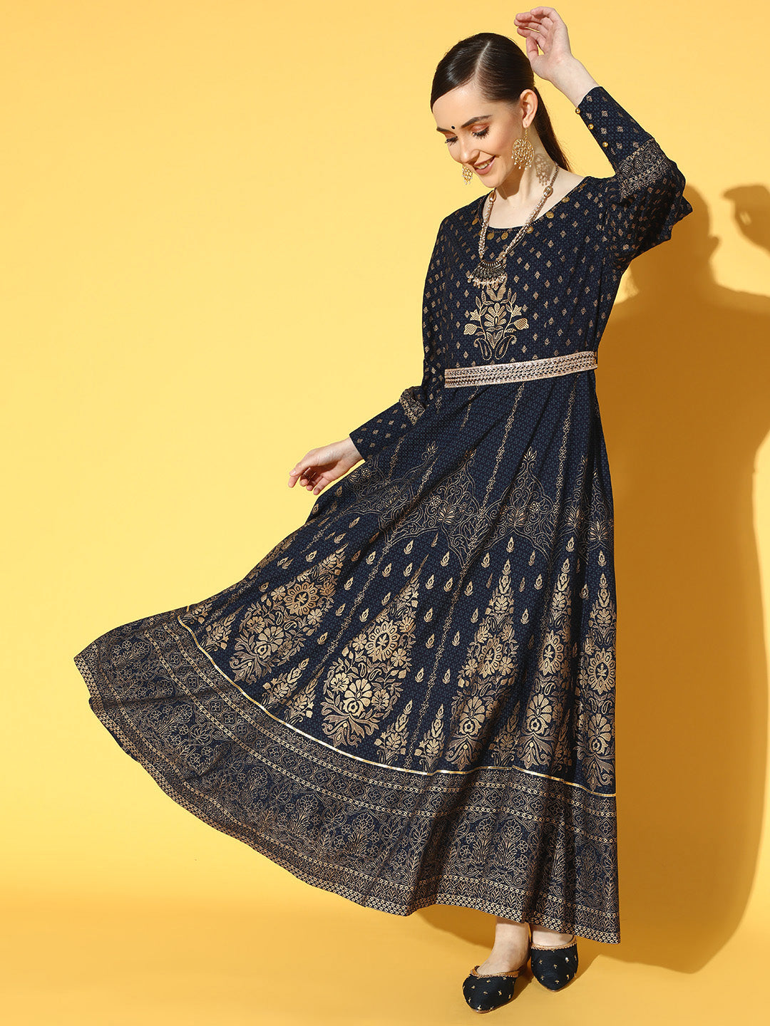 Juniper Women Navyblue Rayon Printed Flared Dress | Swadesiicart