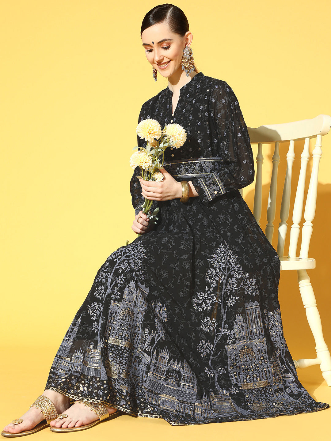 Juniper Women Black Georgette Printed Flared Dress | Swadesiicart
