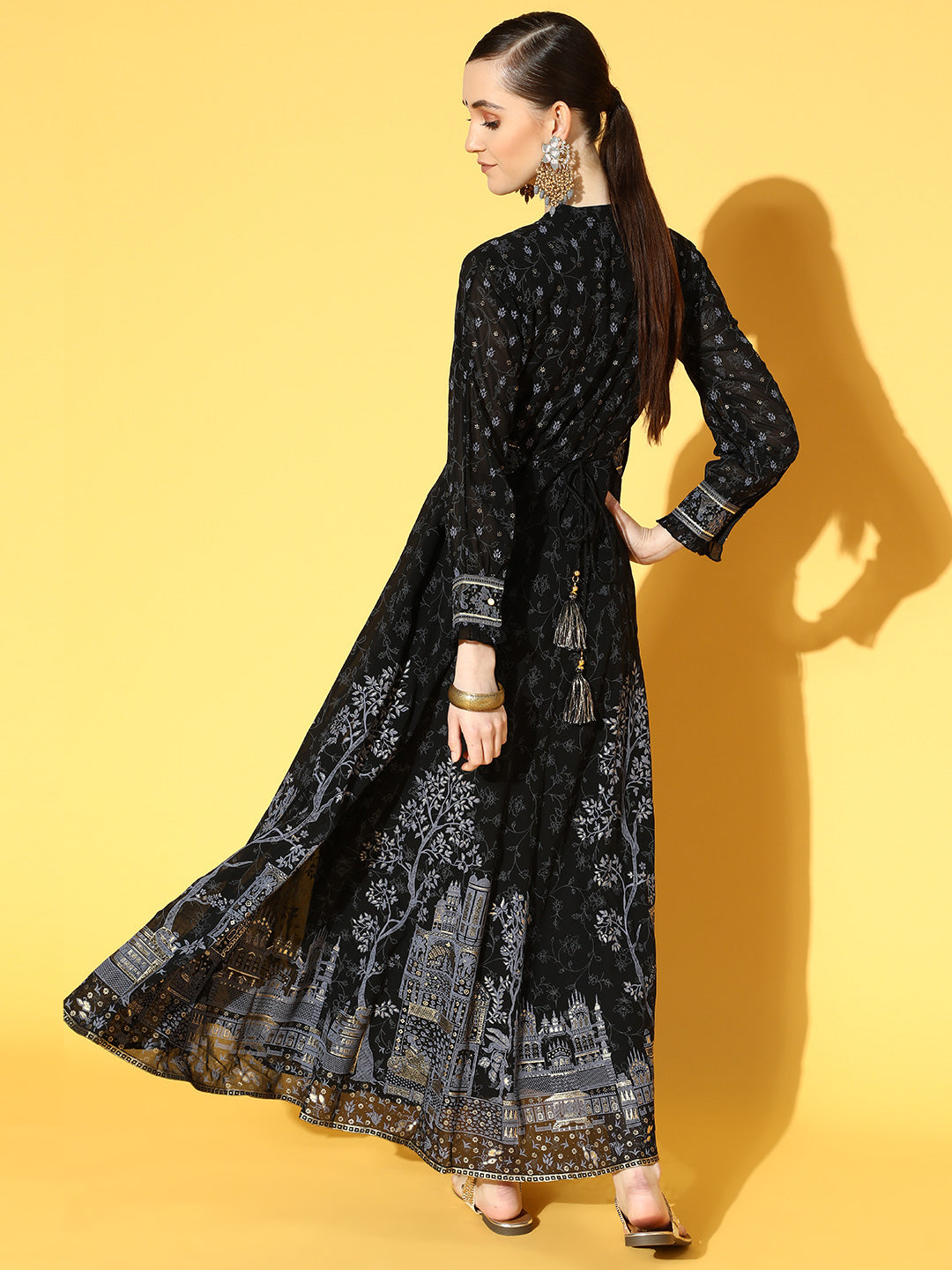 Juniper Women Black Georgette Printed Flared Dress | Swadesiicart