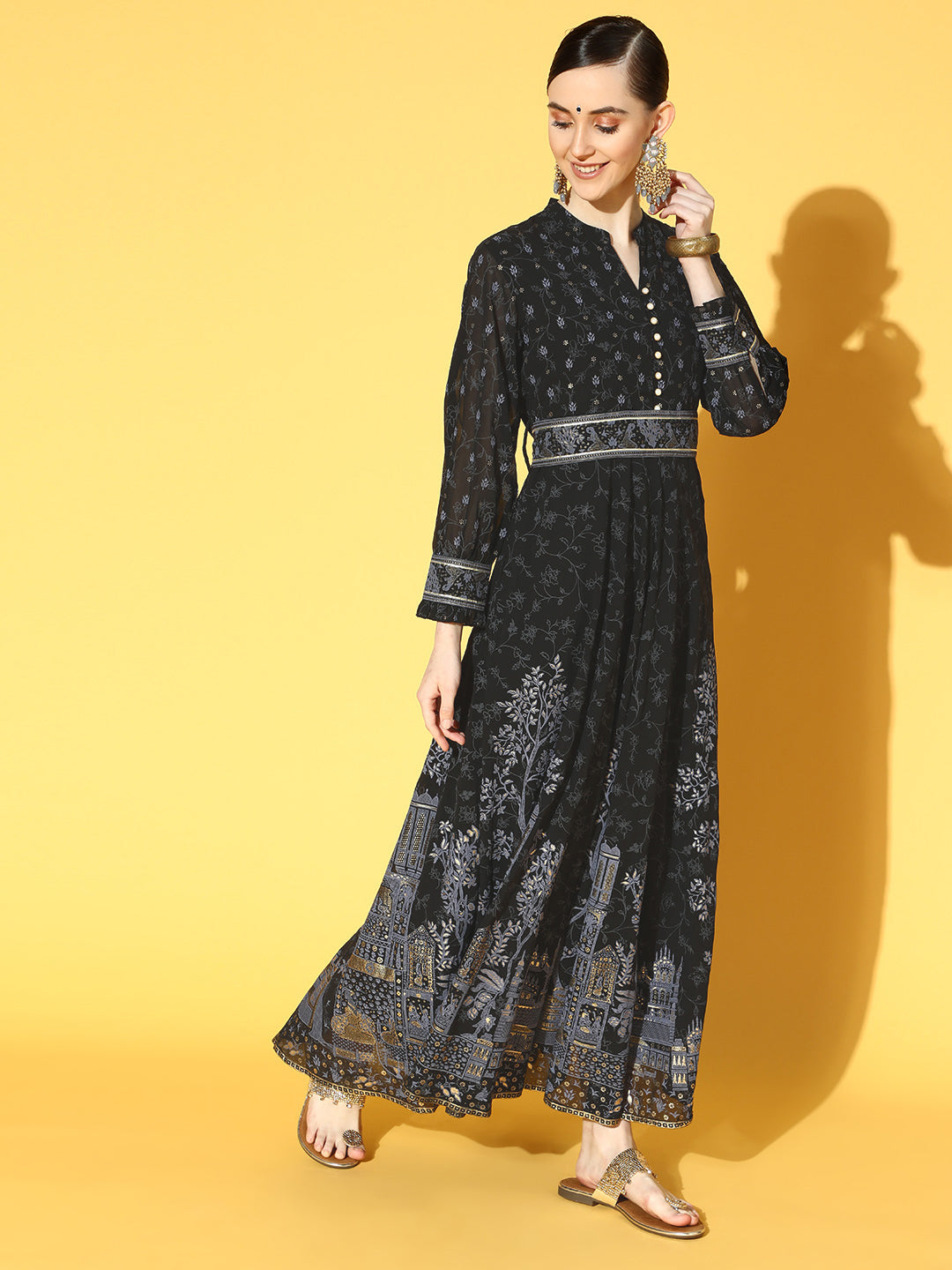 Juniper Women Black Georgette Printed Flared Dress | Swadesiicart