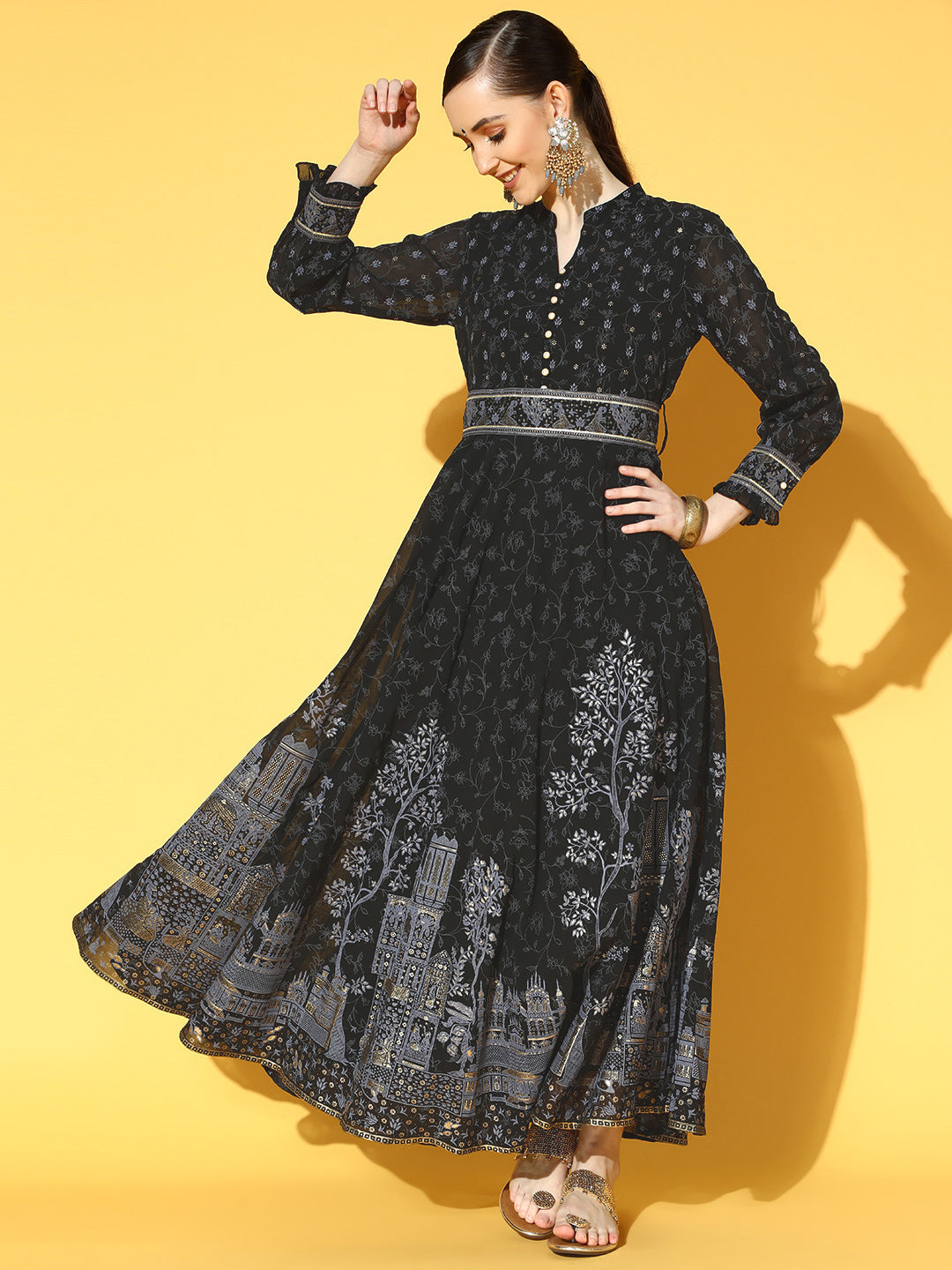 Juniper Women Black Georgette Printed Flared Dress | Swadesiicart