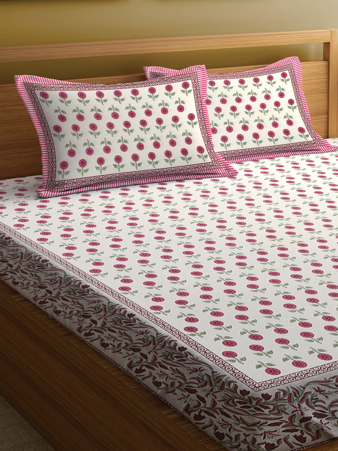 Rajasthan Decor White & Pink Ethnic Motifs 144 TC King Bedsheet with 2 Pillow Covers - Swadesiicart