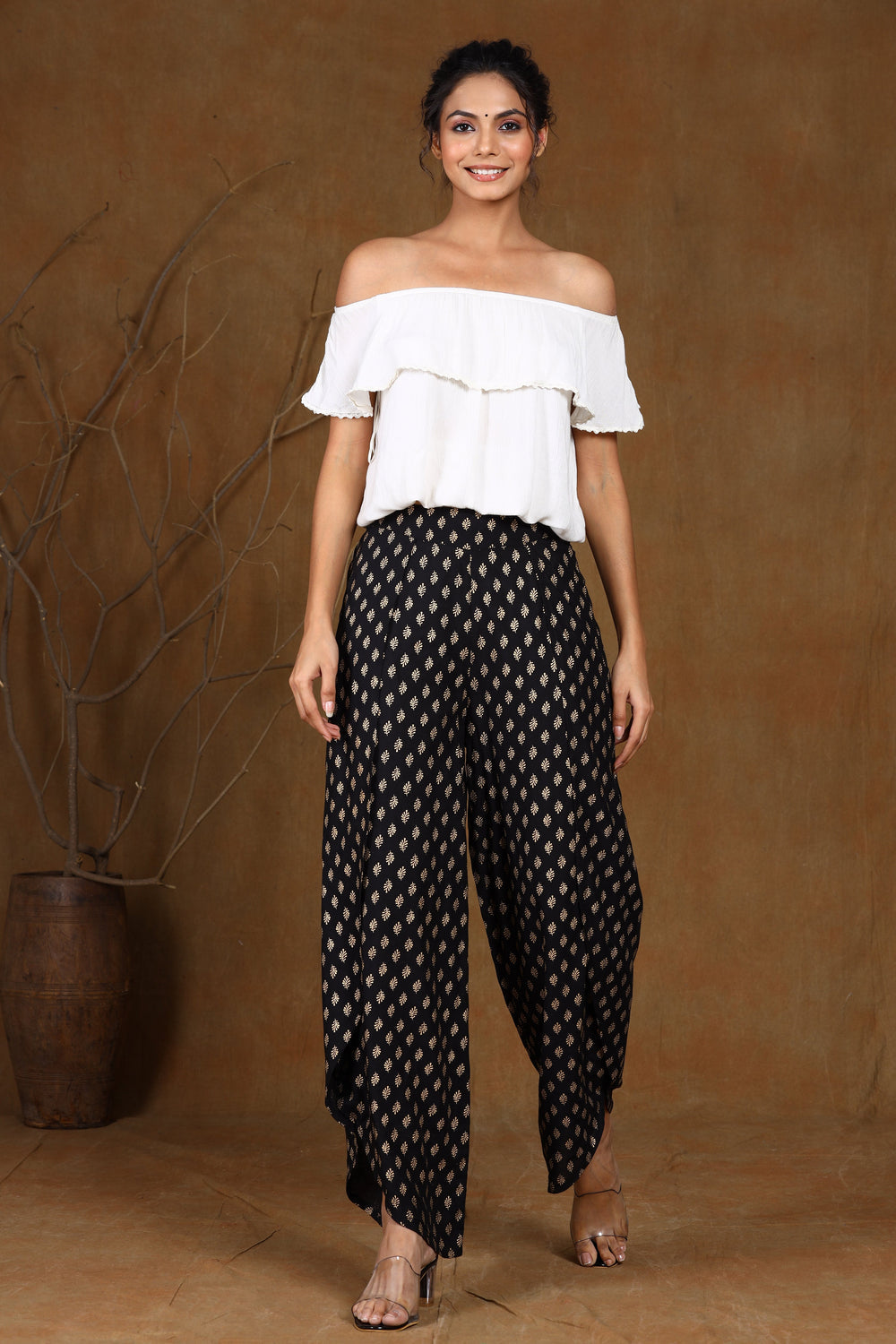 Juniper Women's Black Rayon Printed Tulip Dhoti Pant | Swadesiicart