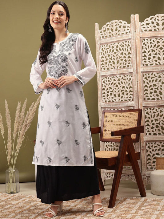 ADA Ethnic Motifs Embroidered Notch Neck Cotton Chikankari Straight Kurta | Swadesiicart