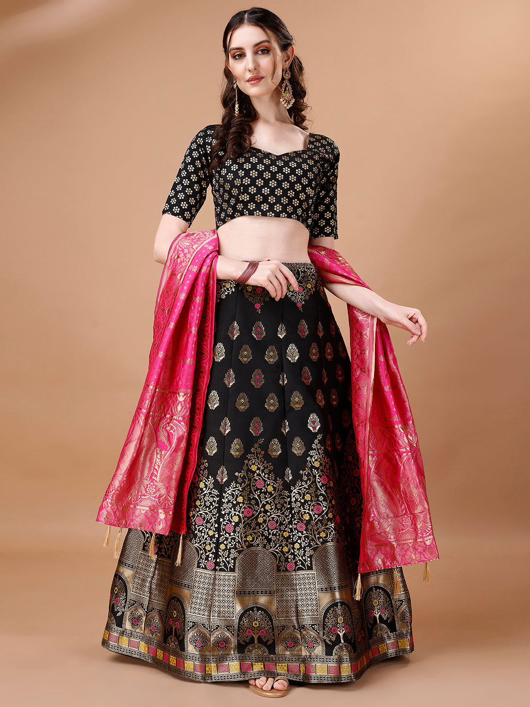 Lorenvalley Fashion Black & Pink Semi-Stitched Lehenga & Unstitched Blouse With Dupatta | Swadesiicart