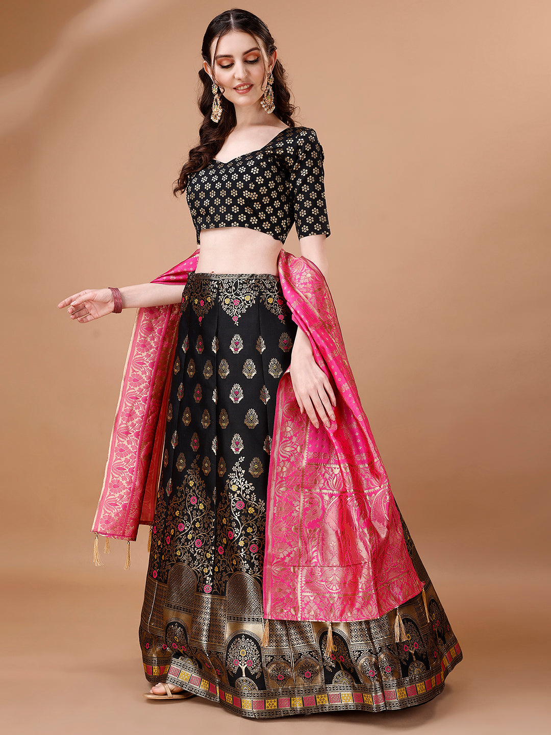 Lorenvalley Fashion Black & Pink Semi-Stitched Lehenga & Unstitched Blouse With Dupatta | Swadesiicart