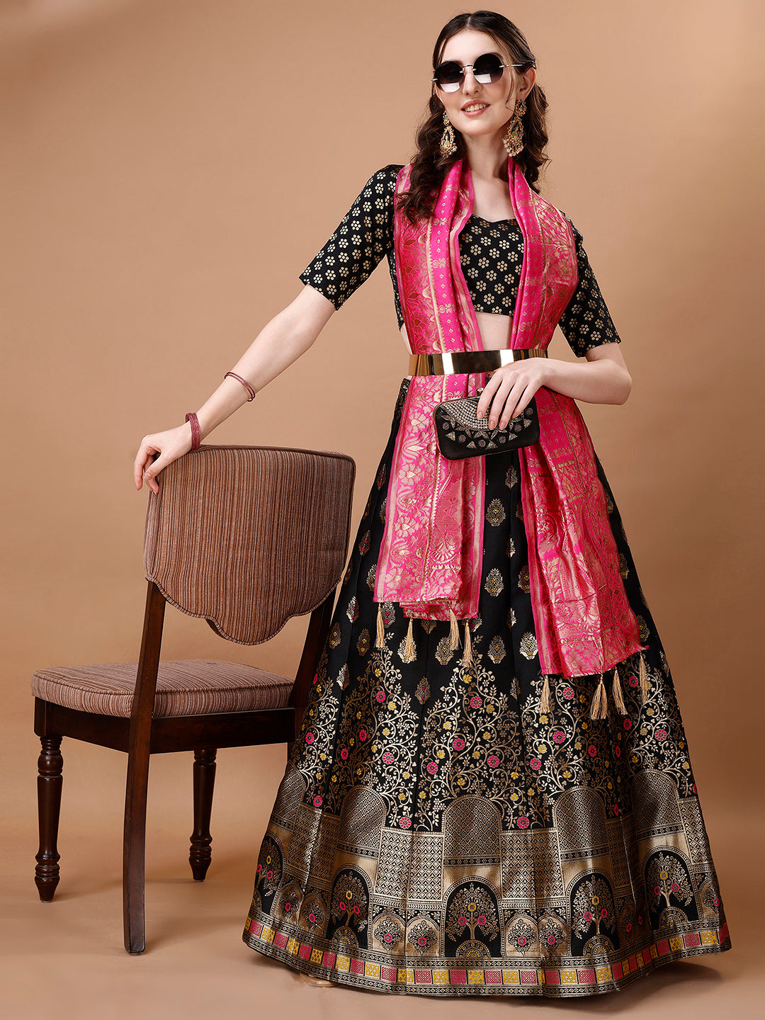Lorenvalley Fashion Black & Pink Semi-Stitched Lehenga & Unstitched Blouse With Dupatta | Swadesiicart