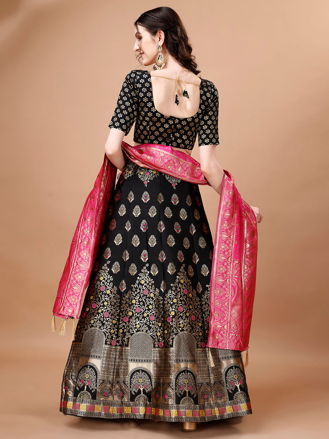 Lorenvalley Fashion Black & Pink Semi-Stitched Lehenga & Unstitched Blouse With Dupatta | Swadesiicart
